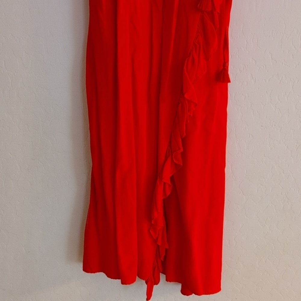 Madewell Ruffle Maxi Faux Wrap Coral Red Pink Orange Asymmetrical Dress - Size 4 - Picture 4 of 13